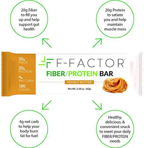 F-Factor Peanut Butter Fiber Protein Bar, High Fiber, High Protein, Low Carb, Gluten Free, Low Sugar, Vegan, Soy Free, Natural, Keto Friendly, Healthy and Convenient Snack, 12 Count