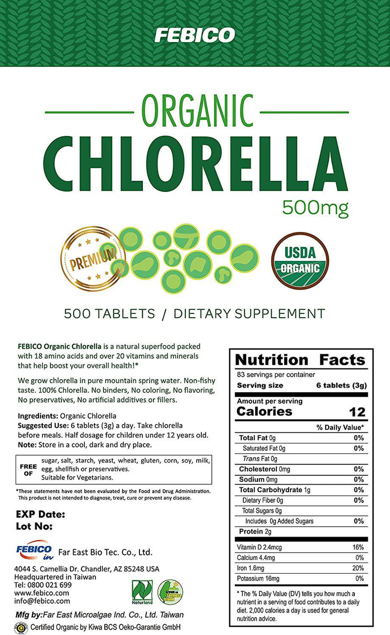Febico Pure Organic Chlorella Tablets,500 Counts- Rich Ingredients,Vitamin, Vegan, Best Green Superfood, high-quality, non-gmo, detox, USDA, With Broken Cell Wall Chlorella and Chlorella Growth Factor