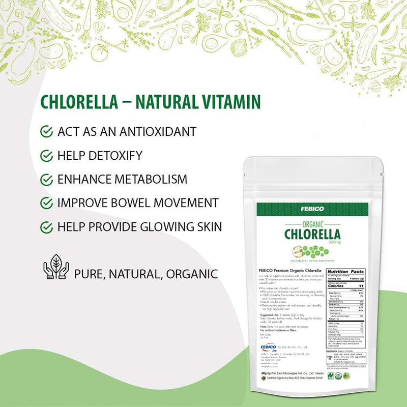 Febico Pure Organic Chlorella Tablets,500 Counts- Rich Ingredients,Vitamin, Vegan, Best Green Superfood, high-quality, non-gmo, detox, USDA, With Broken Cell Wall Chlorella and Chlorella Growth Factor