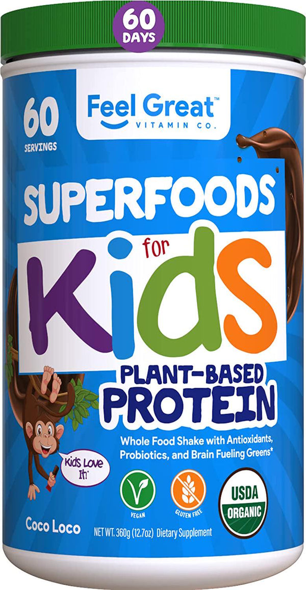 Feel Great 365 USDA Organic Green Superfood Kid’s Protein Powder (60 Day), Mocha Chocolate Vegan Smoothie Mix with Vitamins, Prebiotics, Probiotics, Antioxidants and Natural Enzyme Support, Gluten Free