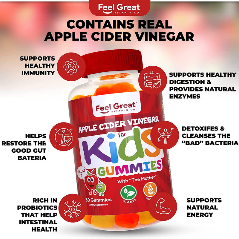 Feel Great Vitamin Co. Apple Cider Vinegar Gummies for Kids | Digestive and Immune Support | Natural Antioxidant | Supports Healthy Nutrient Absorption | 500mg of ACV per Serving | 60 Gummies