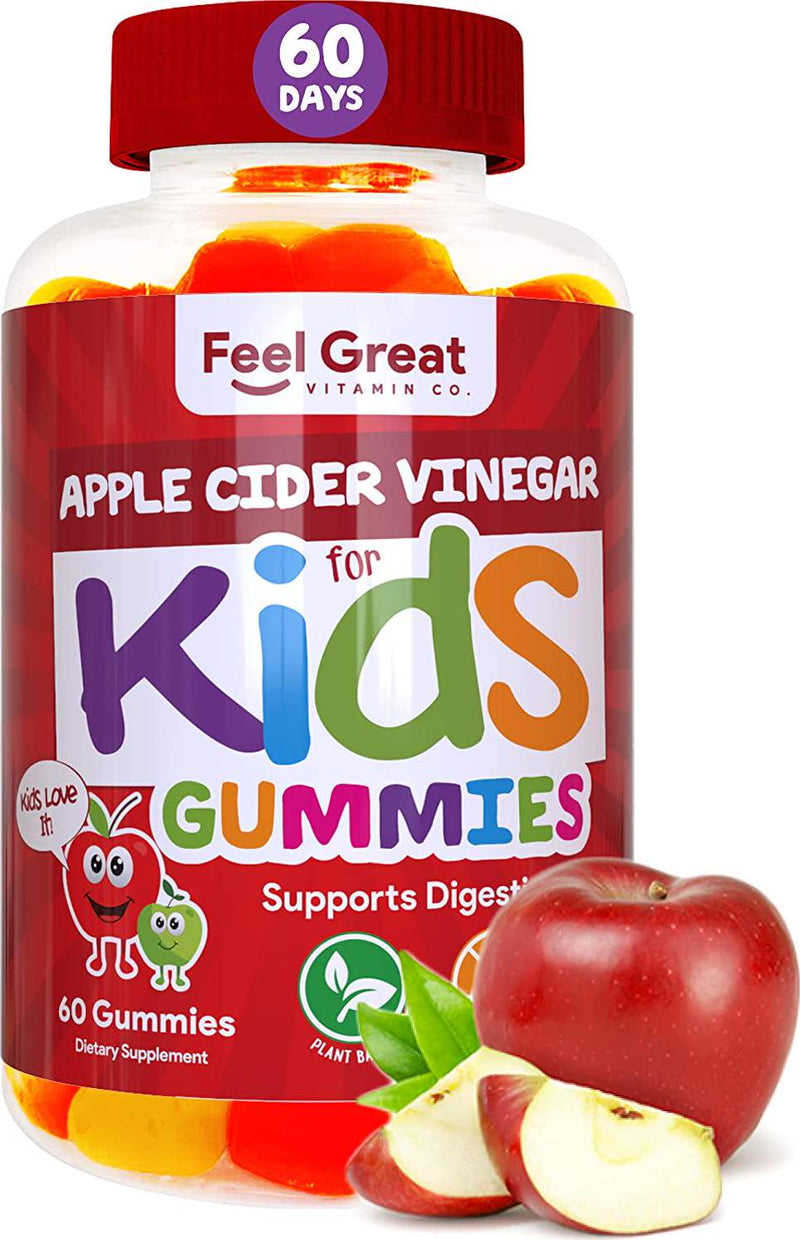 Feel Great Vitamin Co. Apple Cider Vinegar Gummies for Kids | Digestive and Immune Support | Natural Antioxidant | Supports Healthy Nutrient Absorption | 500mg of ACV per Serving | 60 Gummies