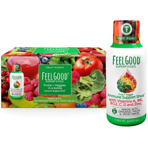 Feelgood Superfoods 26 Fruits and Veggies Immune Support Shot Supplements, Fruit Punch Flavor, Pack of 10