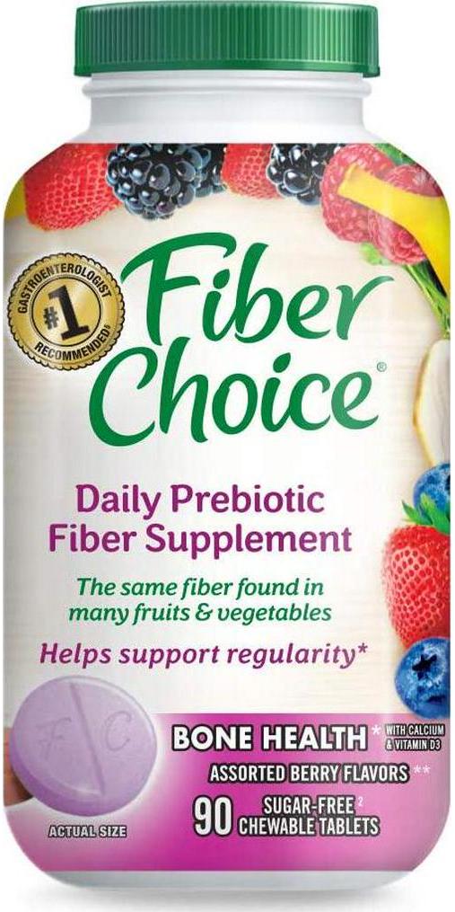 Fiber Choice Bone Health Daily Prebiotic Fiber Chewable Tablets with Calcium and Vitamin D, Assorted Berry, 90 Count