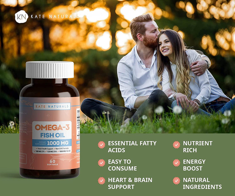 Fish Oil 1000mg with EPA/DHA and Omega-3 by Kate Natural. Triple Strength. Supports Heart Health. Non-GMO Formula. 60 Softgels (2 Bottles)