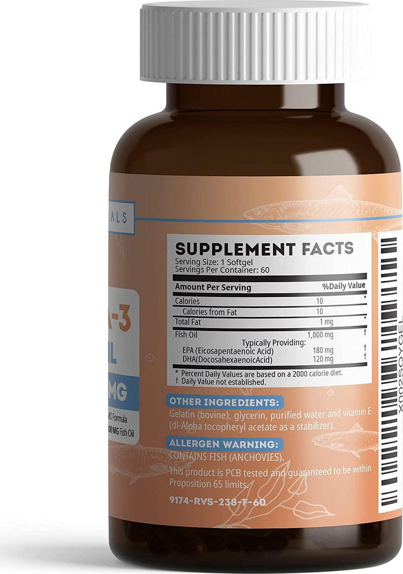 Fish Oil 1000mg with EPA/DHA and Omega-3 by Kate Natural. Triple Strength. Supports Heart Health. Non-GMO Formula. 60 Softgels (2 Bottles)