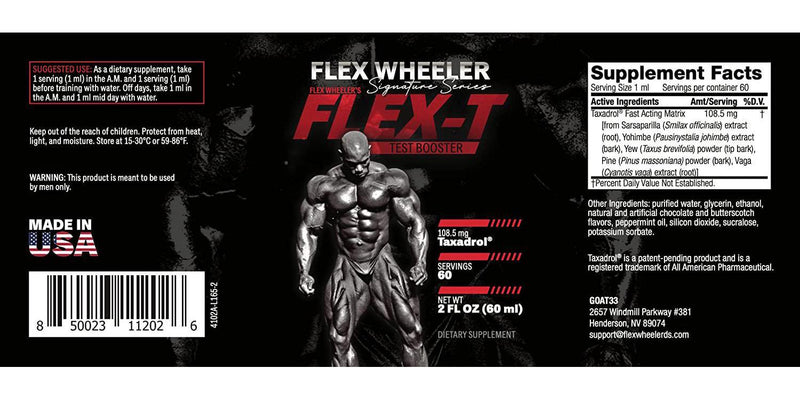 Flex Wheeler Signature Series Flex-T Testosterone Booster for Men, Male with Taxadrol - Preworkout Bodybuilding Supplement for Extra Energy, Strength and Performance - Liquid Test Booster - 60 Servings