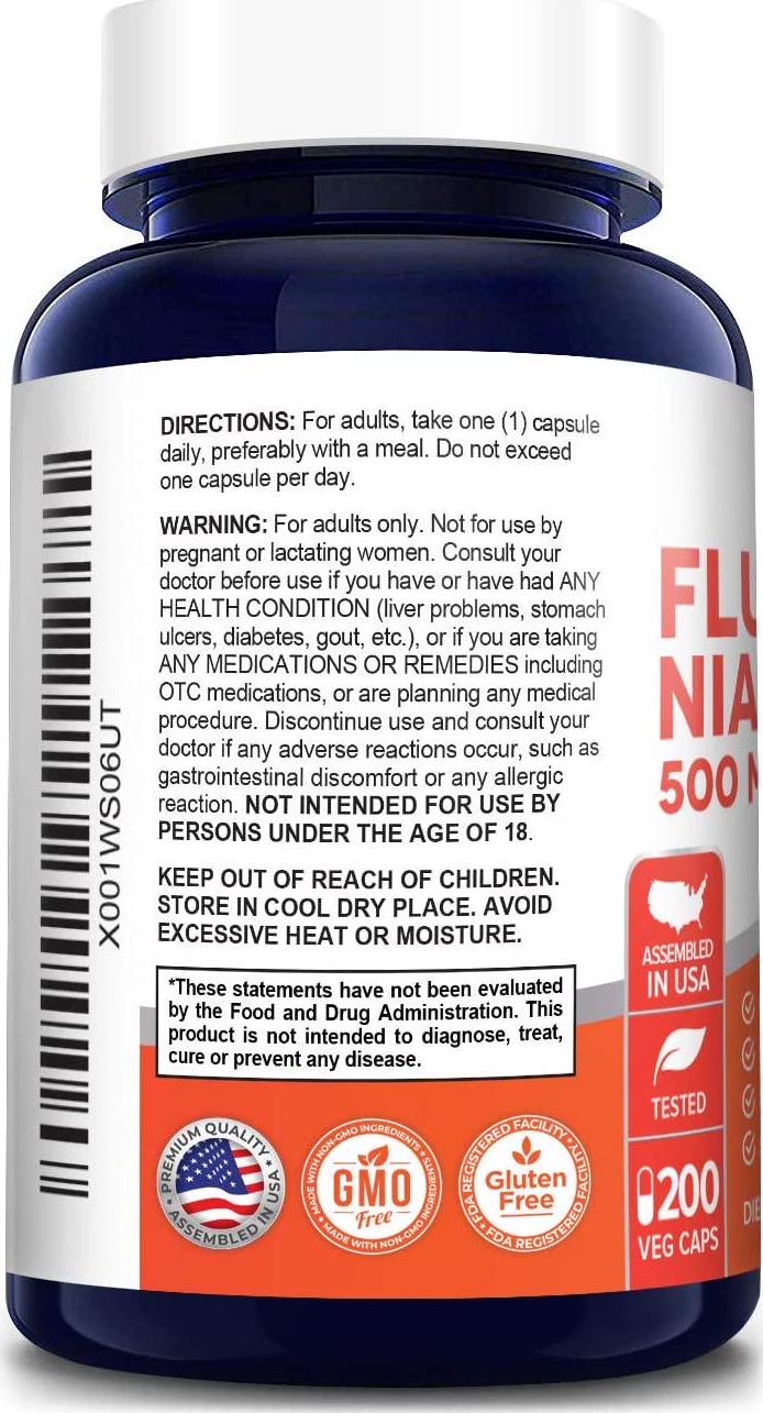 Flush Free Niacin 500mg 200caps (Non-GMO and Gluten Free) Supports Nervous System and Energy Production