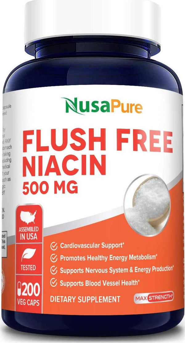 Flush Free Niacin 500mg 200caps (Non-GMO and Gluten Free) Supports Nervous System and Energy Production