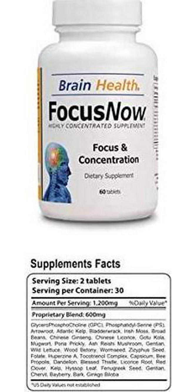 Focus Now - 100% Natural Dietary Supplement - Supports a Healthy Level of Focus, Concentration and Memory - 60 Brain Tablets