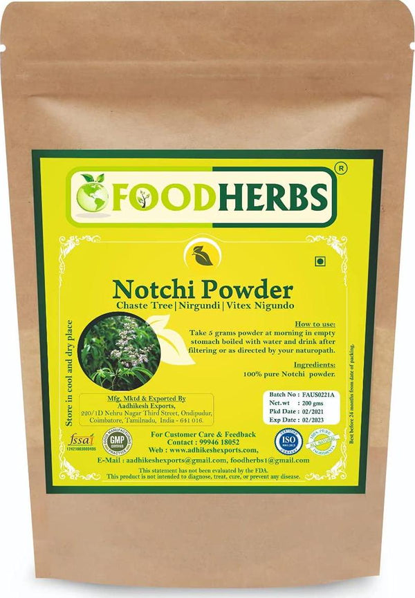 Foodherbs Nirgundi/Notchi/Vitex Nigundo Powder (200 Gm/0.44 Lbs)