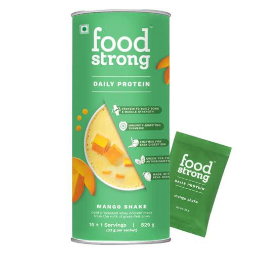 Foodstrong Daily Protein, Mango Shake, Clean Grass Fed Whey Protein Powder with Turmeric and Green Tea, 24G of Protein, Hormone Free Non GMO Gluten Free No Added Sugar, 16 Servings, 18.6 Ounce
