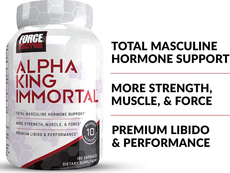 Force Factor Alpha King Immortal Total Masculine Hormone Support, Boost Testosterone and Reduce Estrogen, Improve Strength, Muscle, and force, and Enhance Performance, 180 Count, White