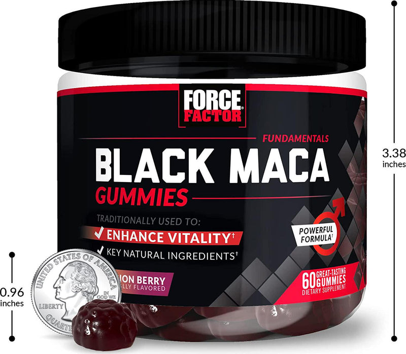 Force Factor Black Maca Gummies, Black Maca Root to Enhance Male Vitality, Increase Energy and Strength, with BioPerine for Superior Absorption, Delicious Passion Berry Flavor, 60 Gummies