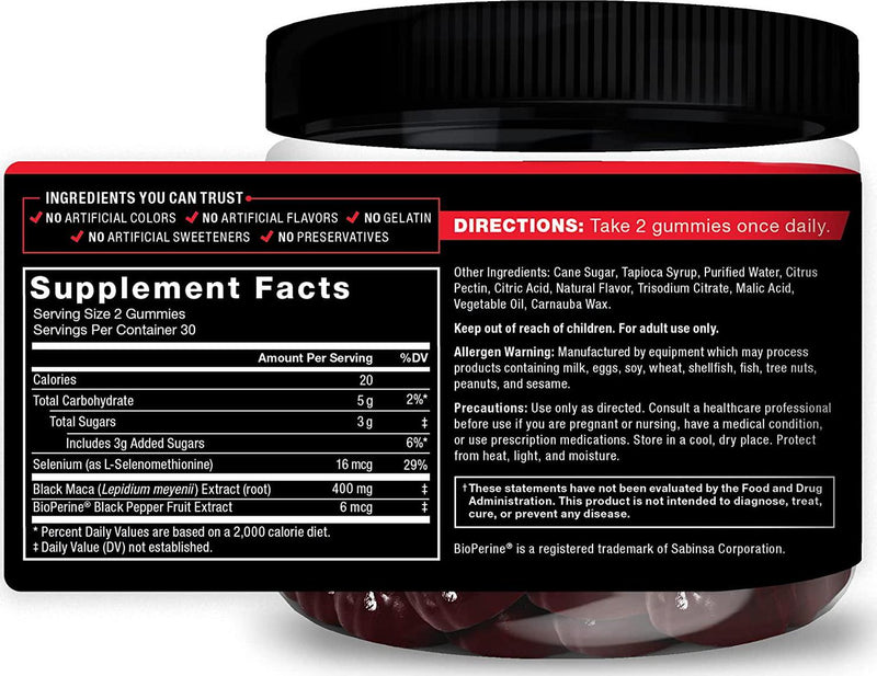 Force Factor Black Maca Gummies, Black Maca Root to Enhance Male Vitality, Increase Energy and Strength, with BioPerine for Superior Absorption, Delicious Passion Berry Flavor, 60 Gummies