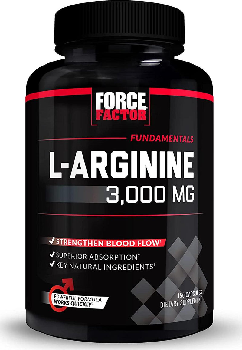 Force Factor L-Arginine Nitric Oxide Supplement with BioPerine to Help Build Muscle and Support Stronger Blood Flow, Circulation, Nutrient Delivery, and Pumps, L-Arginine 3000mg, 3g, 150 Capsules
