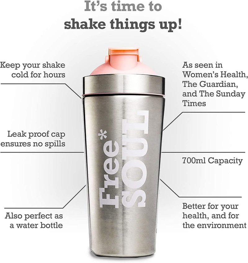 Free Soul Protein Shaker Bottle 700ml | Stainless Steel BPA Free | No Plastic Smell | Leak Proof | Keep Your Shakes Chilled | Easy to Clean, in-Built Grill for Lump-Free Mixing | Wash by Hand