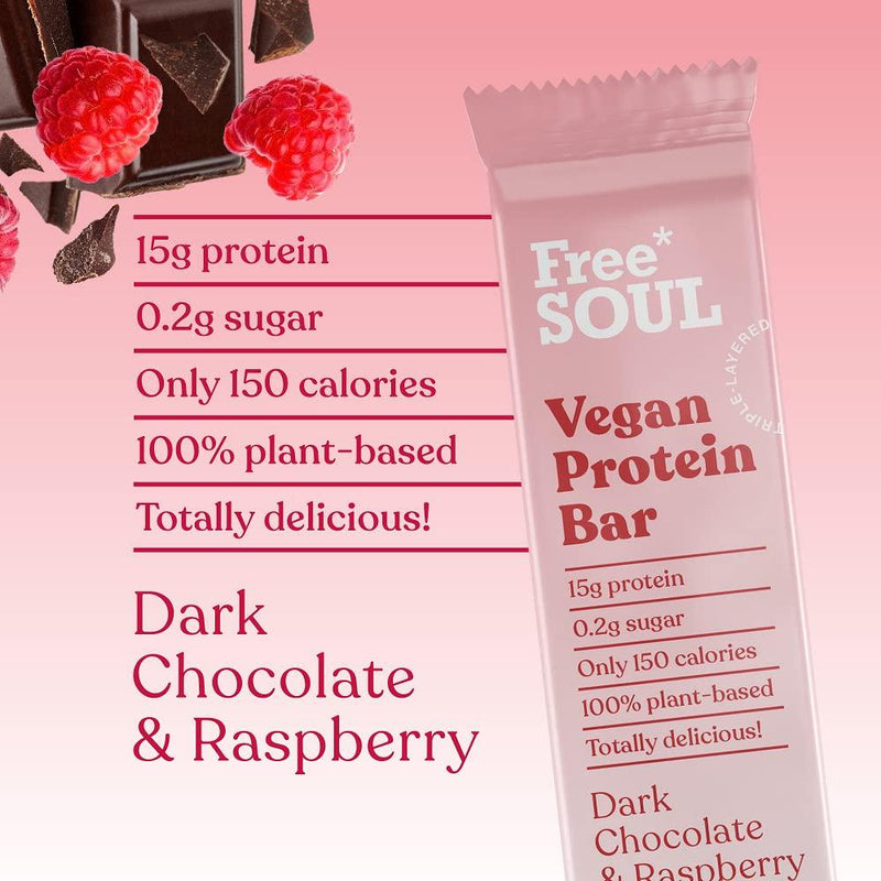 Free Soul Vegan Protein Bar, High Protein, Low Sugar, Dairy Free Chocolate Coated Plant Based Snack with Gooey Core (12 x 50g) (Dark Chocolate and Raspberry)