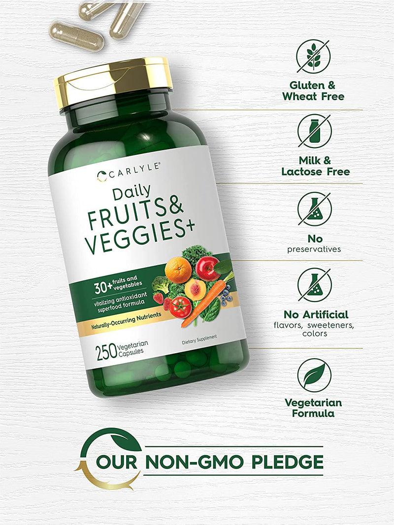 Fruits and Veggies Supplement | 250 Capsules | Made with 32 Fruits and Vegetables | Vegetarian, Non-GMO, Gluten Free Superfood Formula | by Carlyle