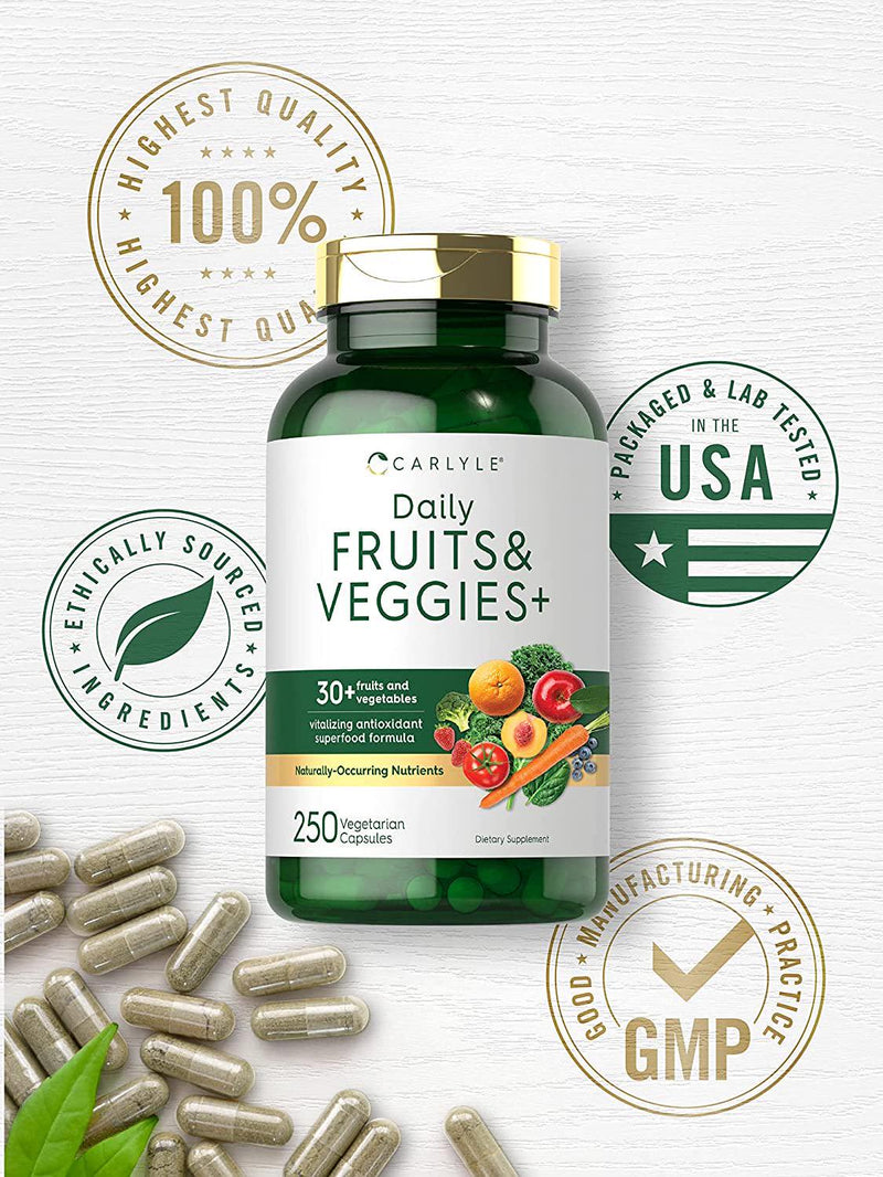 Fruits and Veggies Supplement | 250 Capsules | Made with 32 Fruits and Vegetables | Vegetarian, Non-GMO, Gluten Free Superfood Formula | by Carlyle
