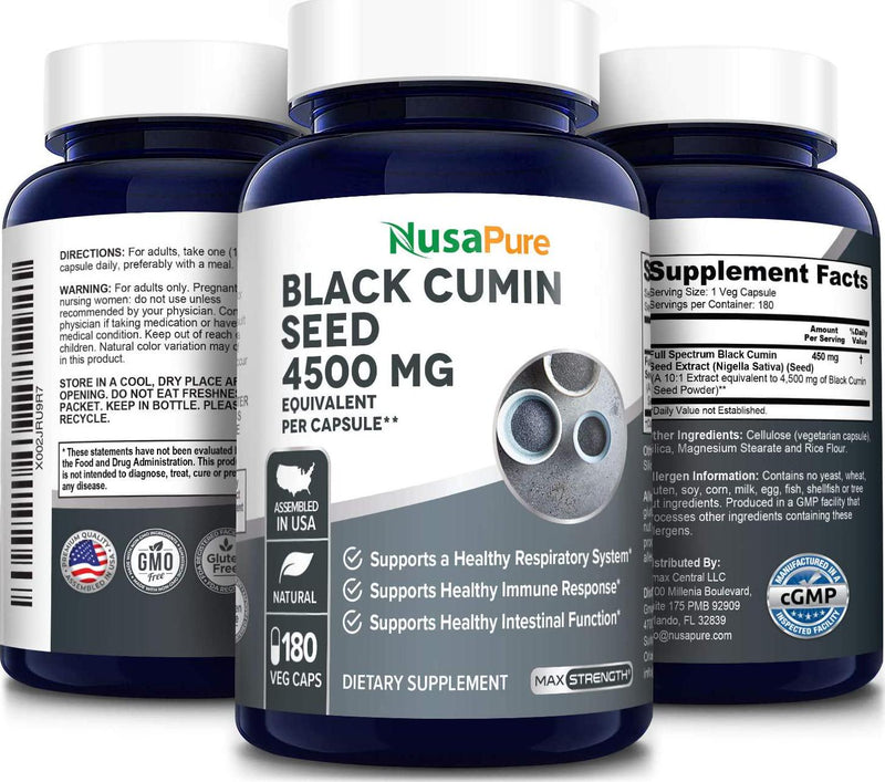 Full Spectrum Black Cumin Seed Extract 4500mg 180 Veggie Powder Caps (Extract Ratio 10:1, Non-GMO and Gluten Free) Non-Oily