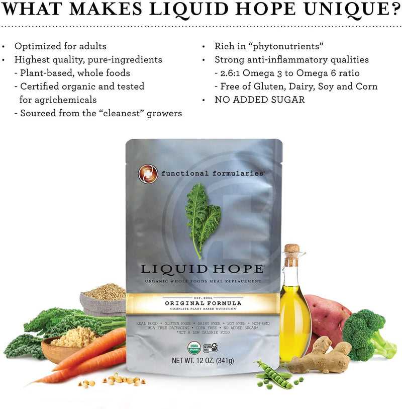 Functional Formularies Liquid Hope Organic Tube Feeding Formula And Nutritional Meal Replacement Supplement, 12 Oz Pouch, Pack of 24