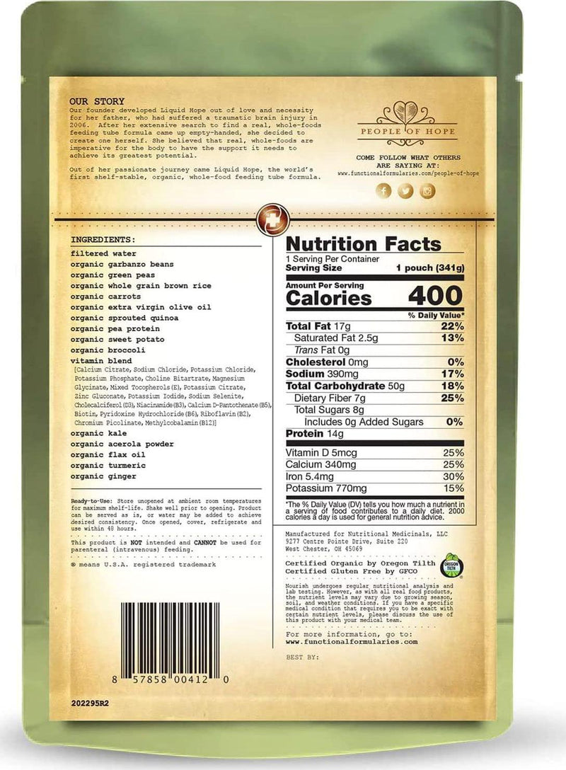 Functional Formularies Nourish Organic Tube Feeding Formula And Nutritional Meal Replacement Supplement, 12 Oz Pouch, Pack of 24