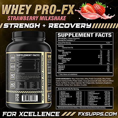 Fx Supps Whey Pro-FX Protein Powder Strawberry Flavored Shake | Post Workout Recovery Supplement for Men and Women | Boosts Strength and Muscle Growth | Great-Tasting Mix with Natural BCAA (2 Pounds)