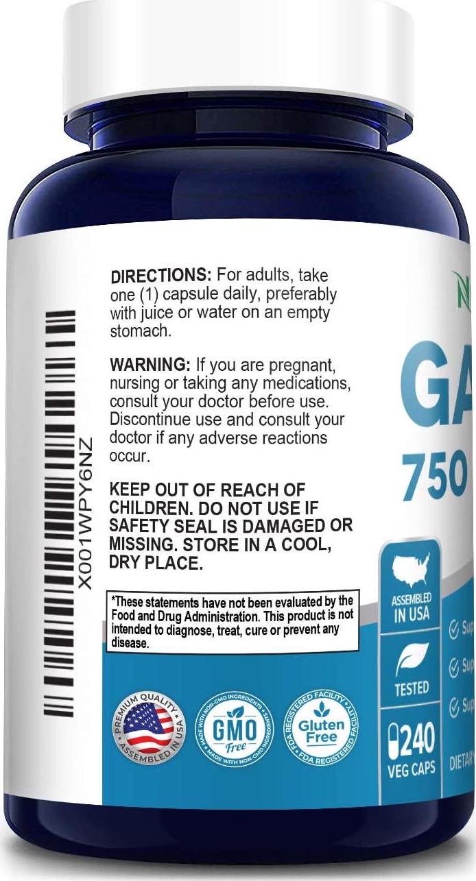 GABA 750 mg 240 Vegetarian caps (Non-GMO and Gluten Free) Gamma Aminobutyric Acid - Supports Positive Mood and Relaxation, Naturals Sleep Aid