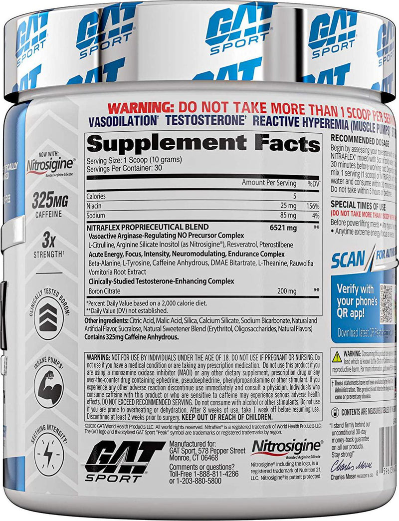 GAT Sport, NITRAFLEX Testosterone Boosting Powder, Increases Blood Flow, Boosts Strength and Energy, Improves Exercise Performance, Creatine-Free (Blue Raspberry)
