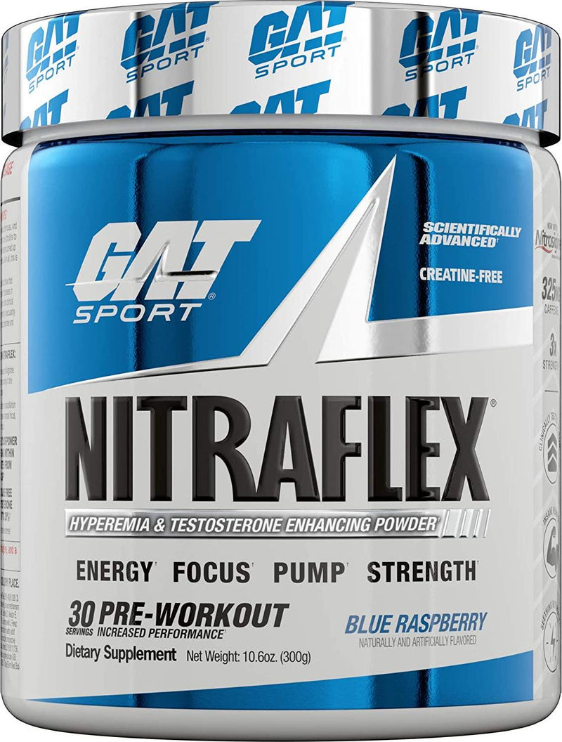 GAT Sport, NITRAFLEX Testosterone Boosting Powder, Increases Blood Flow, Boosts Strength and Energy, Improves Exercise Performance, Creatine-Free (Blue Raspberry)