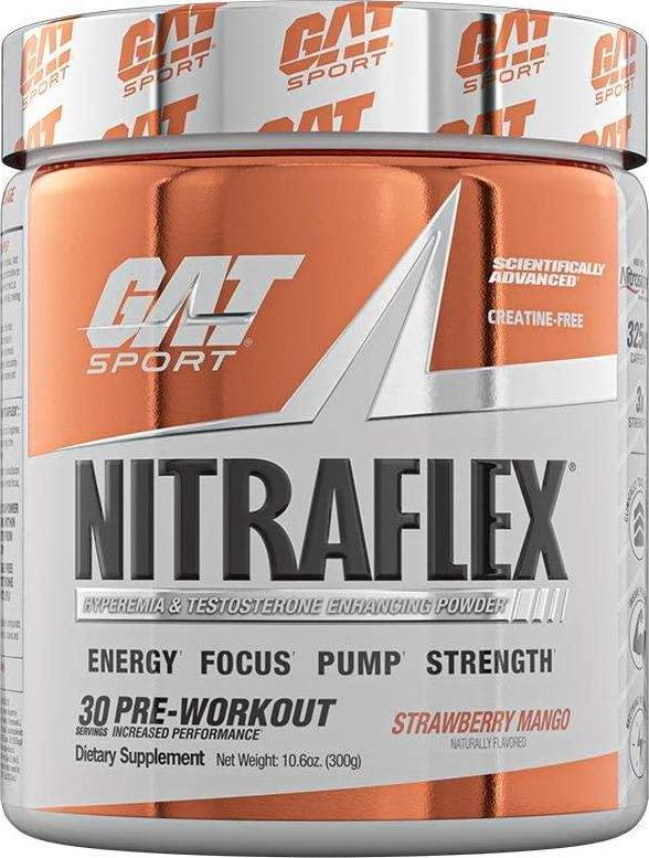 GAT Sport, NITRAFLEX Testosterone Boosting Powder, Increases Blood Flow, Boosts Strength and Energy, Improves Exercise Performance, Creatine-Free (30 Servings) (Strawberry Mango)