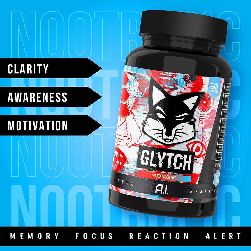 GLYTCH A.I Nootropic | Brain Pills for Gamers, Students, Esports | Enhance Reaction, Alertness, Mental Clarity, Concentration, Motivation | Unique Tri-Shroom Blend Made in The USA | 60 Capsules