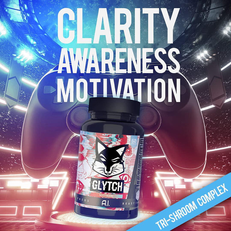 GLYTCH A.I Nootropic | Brain Pills for Gamers, Students, Esports | Enhance Reaction, Alertness, Mental Clarity, Concentration, Motivation | Unique Tri-Shroom Blend Made in The USA | 60 Capsules