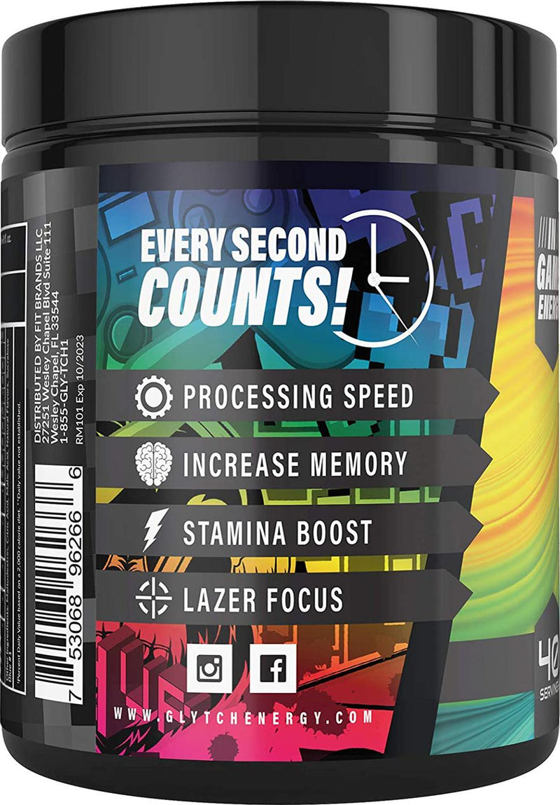 GLYTCH Gaming Energy Supplement Powder | Gamer and Esports Drink Mix for Increased Focus, Stamina, Memory, and Processing Speed | Sugar Free with Vitamins (Rainbow Magik Flavor - 40 Servings)