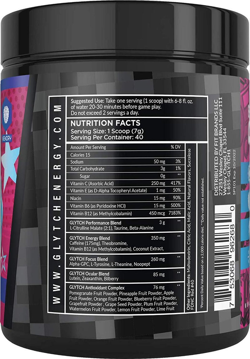 GLYTCH Gaming Energy Supplement Powder | Gamer and Esports Drink Mix for Increased Focus, Stamina, Memory, and Processing Speed | Sugar Free with Vitamins (Sucker Punch Flavor - 40 Servings)