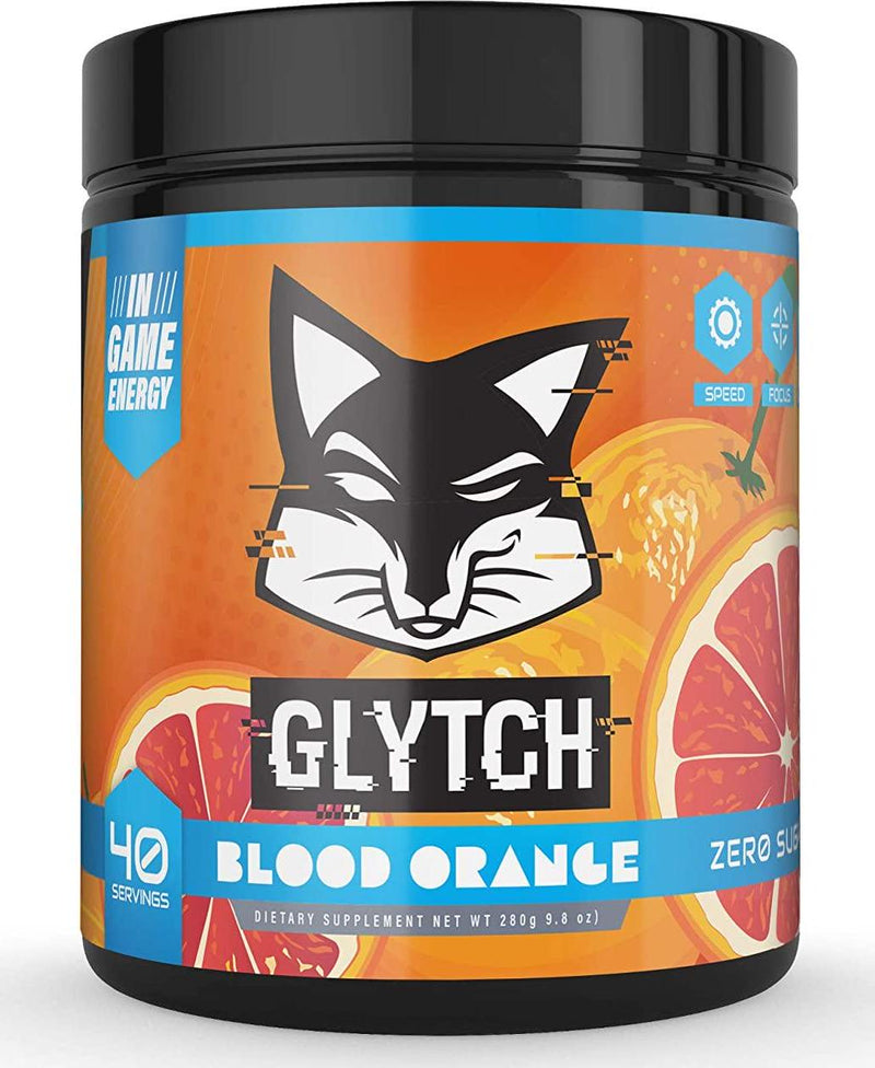 GLYTCH Gaming Energy Supplement Powder | Gamer and Esports Drink Mix for Increased Focus, Stamina, Memory, and Processing Speed | Sugar Free with Vitamins (Blood Orange Flavor - 40 Servings)