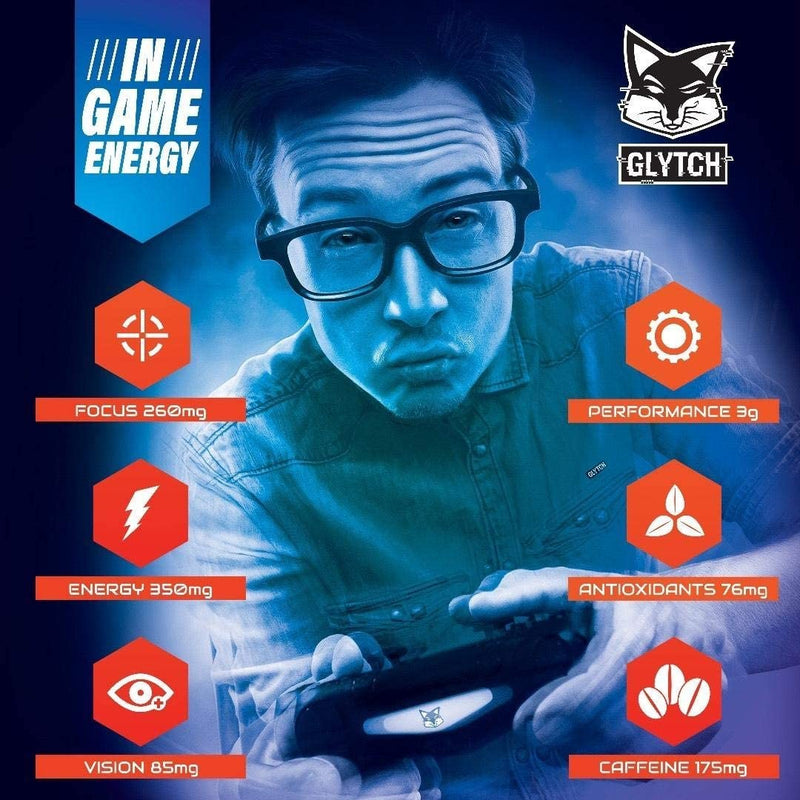 GLYTCH Gaming Energy Supplement Powder | Gamer and Esports Drink Mix for Increased Focus, Stamina, Memory, and Processing Speed | Sugar Free with Vitamins (Sour Grape Ape Flavor - 40 Servings)