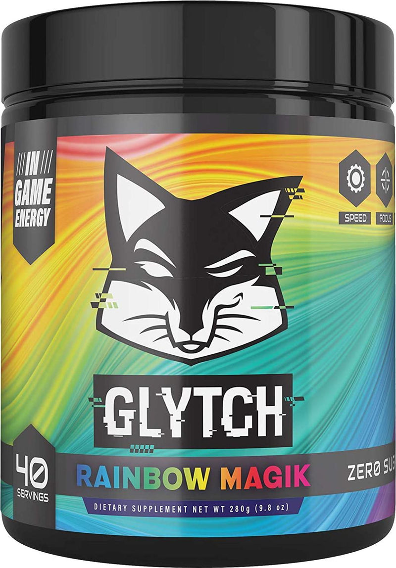 GLYTCH Gaming Energy Supplement Powder | Gamer and Esports Drink Mix for Increased Focus, Stamina, Memory, and Processing Speed | Sugar Free with Vitamins (Rainbow Magik Flavor - 40 Servings)