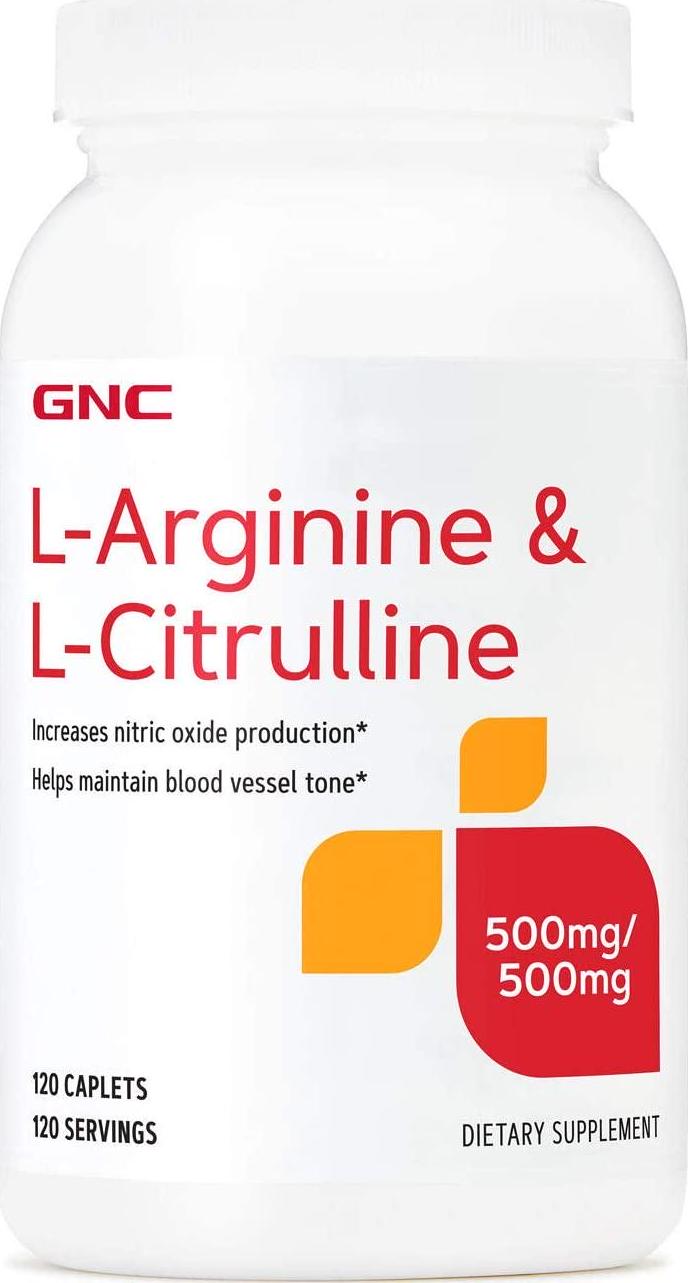 GNC L-Arginine and L-Citrulline 500mg/500mg, 120 Caplets, Increases Nitric Oxide Production