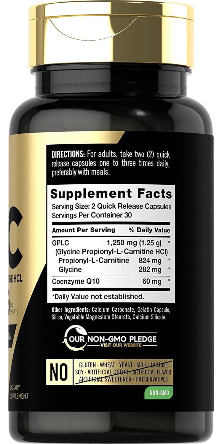 GPLC 1250 mg 60 Capsules | Non-GMO, Gluten Free | Glycine Propionyl-L-Carnitine HCL | Highest Potency Supplement | by Carlyle