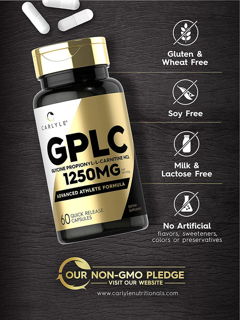 GPLC 1250 mg 60 Capsules | Non-GMO, Gluten Free | Glycine Propionyl-L-Carnitine HCL | Highest Potency Supplement | by Carlyle
