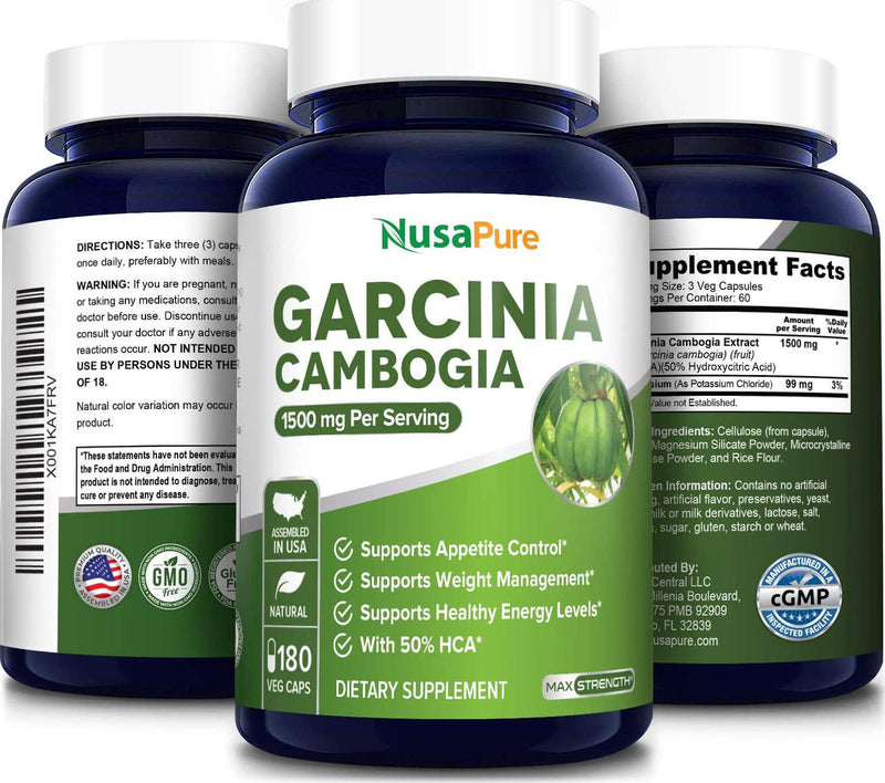 Garcinia Cambogia 180 Veggie Caps 1500mg (Vegetarian, Natural, Non-GMO and Gluten Free)
