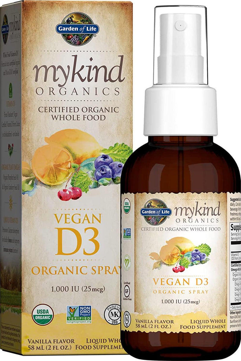 Garden of Life D3 Vitamin - mykind Organic Whole Food Vitamin D Supplement with Plant Omegas, Vegan, Vanilla, 2oz Liquid - Packaging May Vary