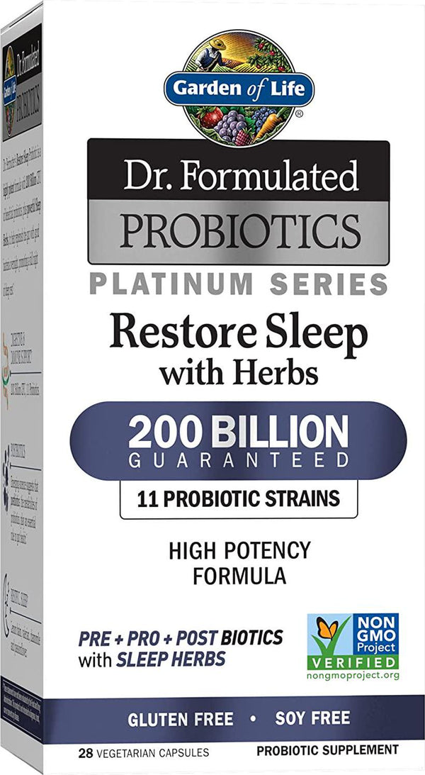 Garden of Life Dr. Formulated Probiotics Platinum Series Restore Sleep with Herbs 200 Billion CFU Guaranteed Plus Valerian Chamomile and More for Digestion, Immune Support, Restful Sleep, 28 Capsules