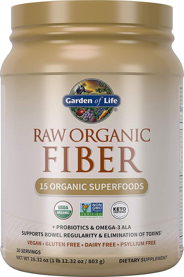 Garden of Life Fiber Supplement, Raw Organic Fiber Powder, 30 Servings, 15 Organic Superfoods, Probiotics, Omega-3 ALA, 4g Soluble Fiber, 5g Insoluble Fiber for Regularity, Psyllium Husk Free Fiber