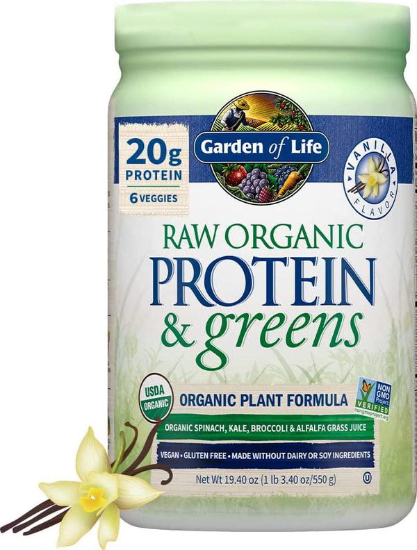 Garden of Life Greens and Protein Powder - Organic Raw Protein and Greens with Probiotics/Enzymes, Vegan, Gluten-Free, Vanilla, 19.3oz (1lb 3 oz/548g) Powder