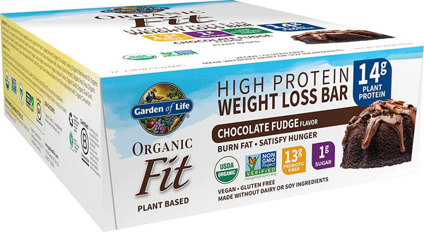 Garden of Life High Protein Bars for Weight Loss - Organic Fit Bar, Chocolate Fudge (12 per carton) - Burn Fat, Satisfy Hunger and Fight Cravings, Low Sugar Plant Protein Bar with Fiber