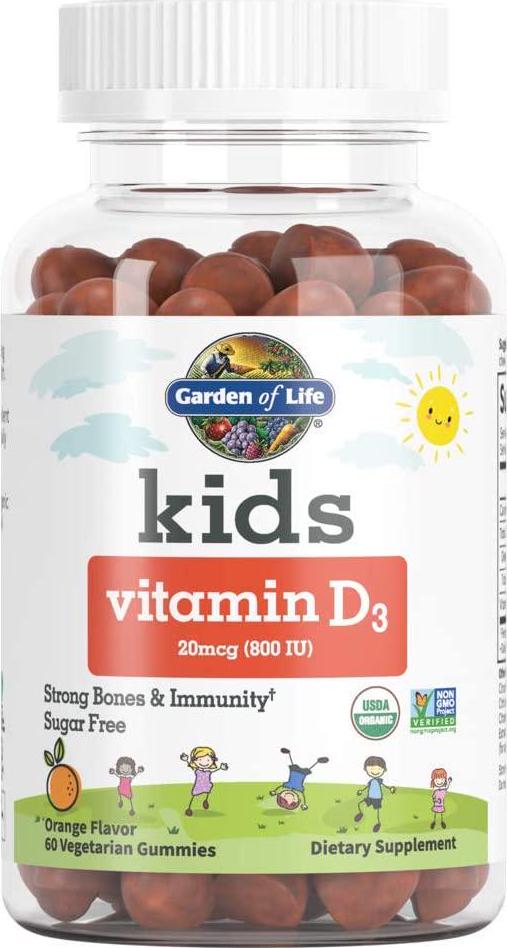 Garden of Life Kids Organic Vitamin D3 Gummies, Orange Flavor - 800 Iu (100% Dv) for Immunity and Strong Bones, Sugar Free Once Daily D3 Gummy Vitamins for Kids, 60 Vegetarian Gummies (60-day supply)