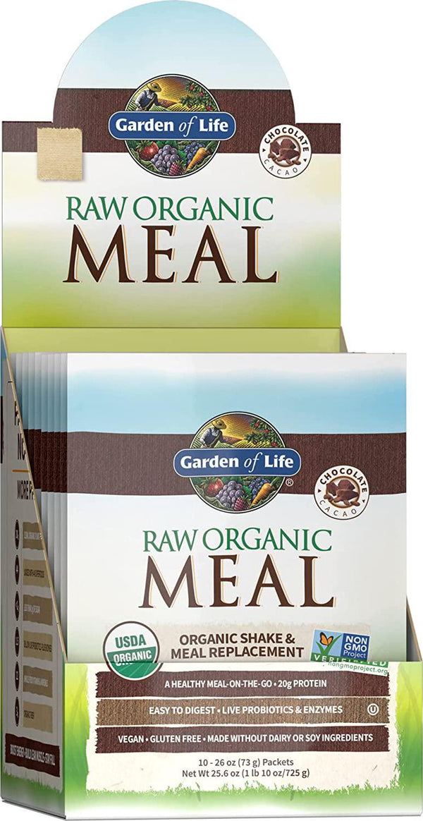 Garden of Life Meal Replacement - Organic Raw Plant Based Protein Powder, Chocolate, Vegan, Gluten-Free, 10 Count Tray